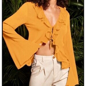 Women's Mustard Yellow Ruffled Blouse V-Neck Trumpet Sleeve Tie Front Size Small